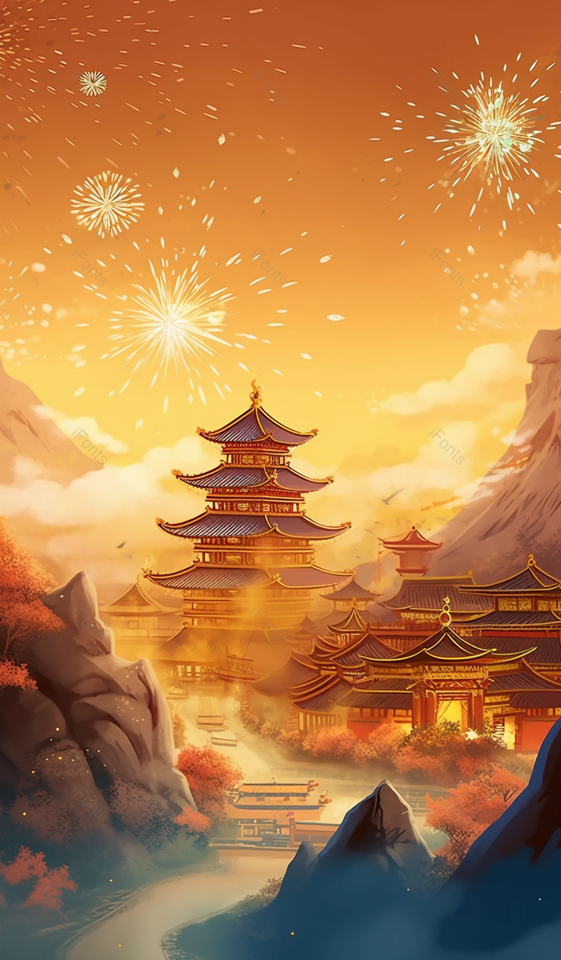 中国风格国风山峰和溪流上的古风建筑房屋上空烟火烟花绽放竖版插画,插画/手绘图,插画/手绘图库,插画/手绘图下载,插画/手绘